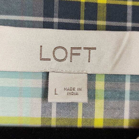 LOFT Ruffled Button Down Long Sleeve Blouse Top Blue Green Plaid Size L - Picture 2 of 13